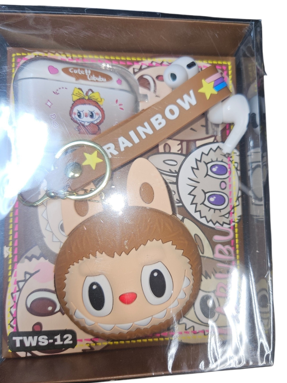 Cute Brown Cartoon Earbud Case with Rainbow Strap for Kids